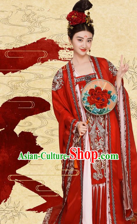 Traditional Chinese Ancient Imperial Empress Costume and Headpiece Complete Set, Chinese Television The Glory of Tang Dynasty Palace Queen Embroidered Hanfu Clothing for Women