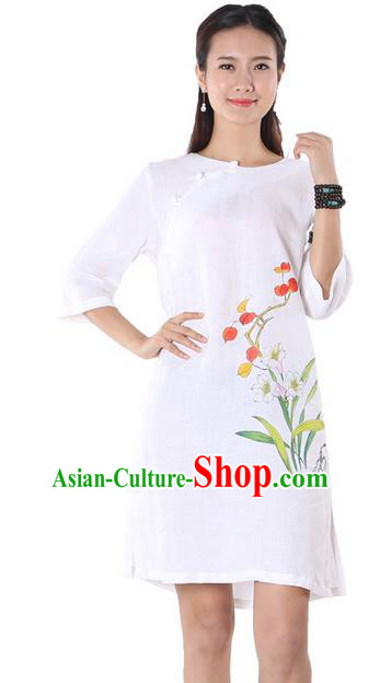 Top Chinese Traditional Costume Tang Suit White Linen Qipao Painting Daffodil Yoga Dress, Pulian Clothing Republic of China Cheongsam Upper Outer Garment Dress for Women