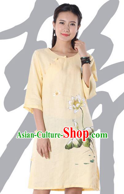 Top Chinese Traditional Costume Tang Suit Yellow Linen Qipao Painting Lotus Yoga Dress, Pulian Clothing Republic of China Cheongsam Upper Outer Garment Dress for Women