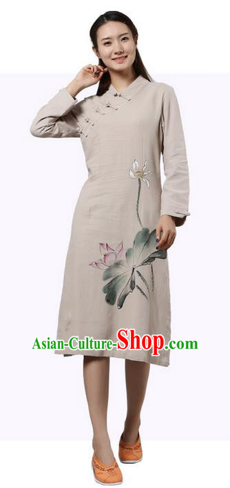 Top Chinese Traditional Costume Tang Suit Slant Opening Plated Buttons Qipao Dress, Pulian Clothing Republic of China Cheongsam Painting Lotus Beige Dress for Women