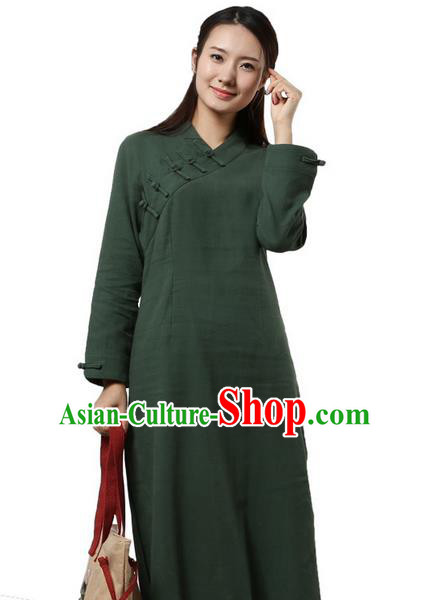 Top Chinese Traditional Costume Tang Suit Slant Opening Plated Buttons Qipao Dress, Pulian Clothing Republic of China Cheongsam Green Dress for Women