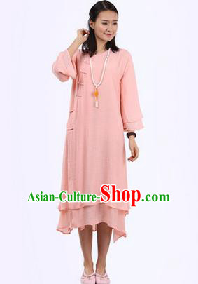 Top Chinese Traditional Costume Tang Suit Pink Plated Buttons Qipao Dress, Pulian Clothing Republic of China Cheongsam Dress for Women