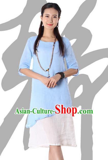 Top Chinese Traditional Costume Tang Suit Blue Blouse, Pulian Zen Clothing China Cheongsam Dress Upper Outer Garment Shirts for Women
