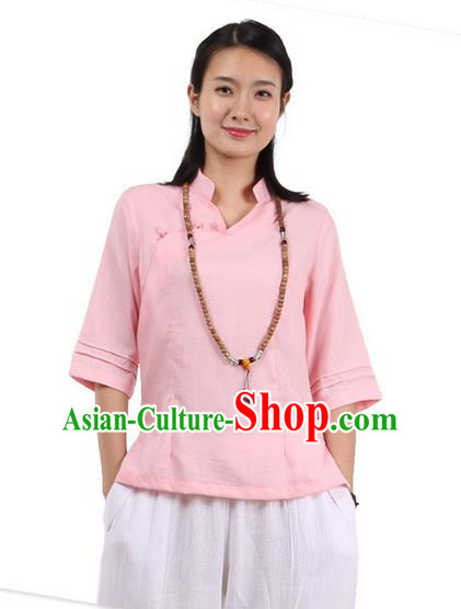 Top Chinese Traditional Costume Tang Suit Pink Painting Lotus Blouse, Pulian Zen Clothing China Cheongsam Upper Outer Garment Slant Opening Shirts for Women
