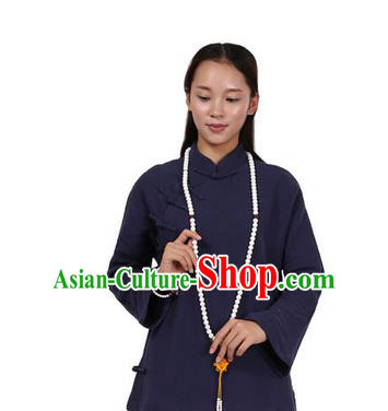 Top Chinese Traditional Costume Tang Suit Linen Upper Outer Garment Navy Blouse, Pulian Zen Clothing Republic of China Cheongsam Shirts for Women