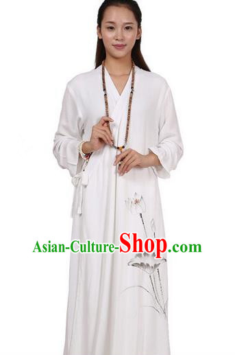 Top Chinese Traditional Costume Tang Suit Linen Upper Outer Garment Qipao Dress, Pulian Zen Clothing Republic of China Cheongsam Painting Lotus White Dress for Women