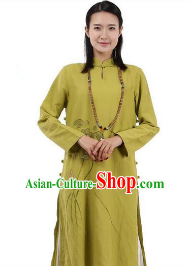 Top Chinese Traditional Costume Tang Suit Plated Buttons Ramie Outer Garment Dress, Pulian Zen Clothing Republic of China Cheongsam Green Painting Lotus Dress for Women