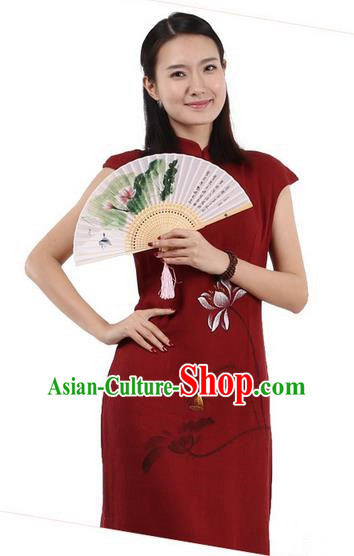 Top Chinese Traditional Costume Tang Suit Stand Collar Outer Garment Qipao Dress, Pulian Zen Clothing Republic of China Short Cheongsam Painting Lotus Red Dress for Women