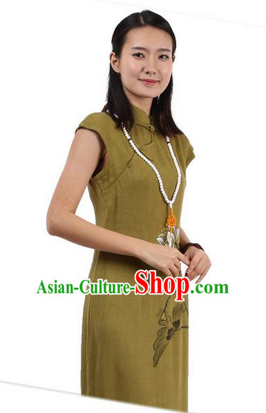 Top Chinese Traditional Costume Tang Suit Stand Collar Outer Garment Qipao Dress, Pulian Zen Clothing Republic of China Short Cheongsam Painting Lotus Green Dress for Women
