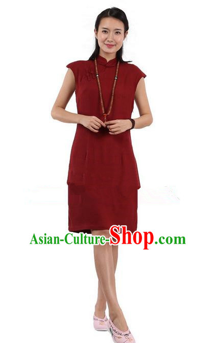 Top Chinese Traditional Costume Tang Suit Stand Collar Outer Garment Qipao Dress, Pulian Zen Clothing Republic of China Short Cheongsam Red Dress for Women