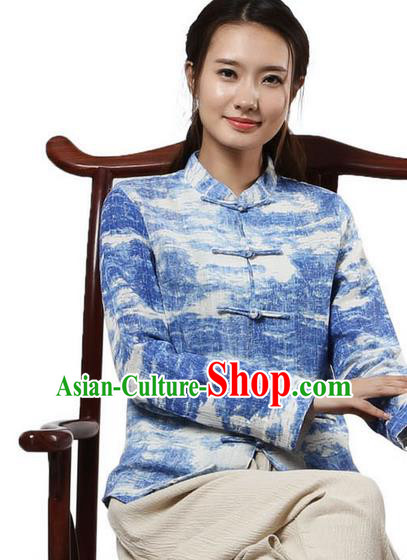 Top Chinese Traditional Costume Tang Suit Ramie Blue Blouse, Pulian Zen Clothing China Cheongsam Upper Outer Garment Plated Buttons Shirts for Women