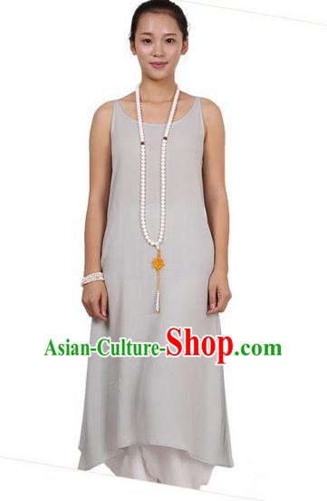 Top Chinese Traditional Costume Tang Suit Linen Sundress, Pulian Zen Clothing Republic of China Pinafore Dress Grey Dress for Women