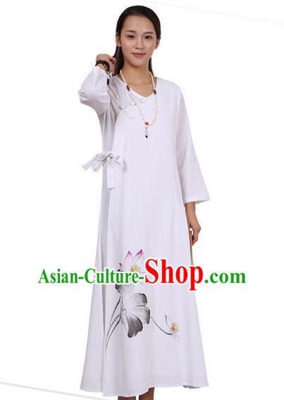 Top Chinese Traditional Costume Tang Suit Linen Qipao Dress, Pulian Zen Clothing Republic of China Cheongsam Painting White Long Dress for Women