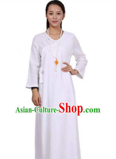 Top Chinese Traditional Costume Tang Suit Linen Qipao Dress, Pulian Zen Clothing Republic of China Cheongsam White Long Dress for Women