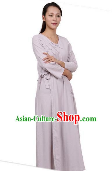 Top Chinese Traditional Costume Tang Suit Linen Qipao Dress, Pulian Zen Clothing Republic of China Cheongsam Grey Long Dress for Women