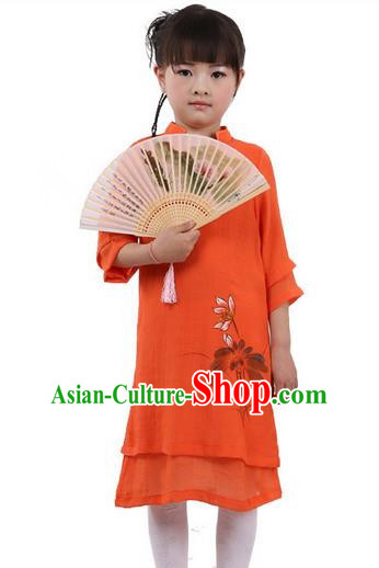 Top Chinese Traditional Costume Tang Suit Linen Qipao Children Dress, Pulian Zen Clothing Republic of China Cheongsam Orange Painting Lotus Dress for Kids