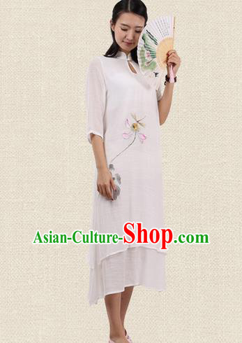 Top Chinese Traditional Costume Tang Suit Linen Double-deck Qipao Dress, Pulian Zen Clothing Republic of China Cheongsam Upper Outer Garment Painting Lotus White Dress for Women