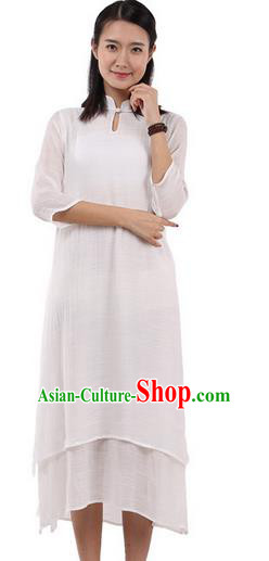 Top Chinese Traditional Costume Tang Suit Linen Double-deck Qipao Dress, Pulian Zen Clothing Republic of China Cheongsam Upper Outer Garment White Dress for Women