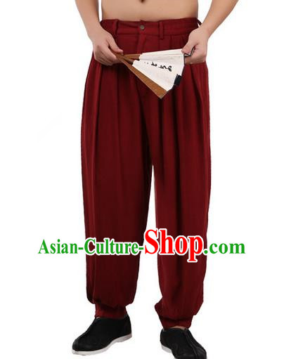 Top Chinese Traditional Linen Kong Fu Loose Pants, Pulian Zen Clothing China Martial Art Plus Fours Bloomers Red Trousers for Men