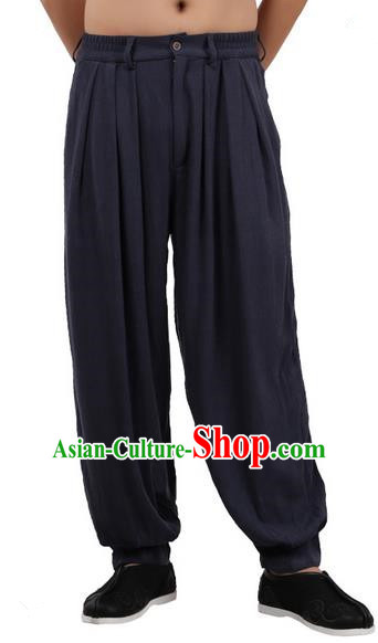 Top Chinese Traditional Linen Kong Fu Loose Pants, Pulian Zen Clothing China Martial Art Plus Fours Bloomers Navy Trousers for Men