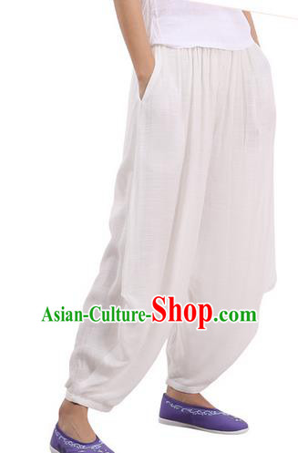 Top Chinese Traditional Linen Kong Fu Loose Pants, Pulian Zen Clothing China Martial Art Plus Fours Bloomers White Trousers for Men