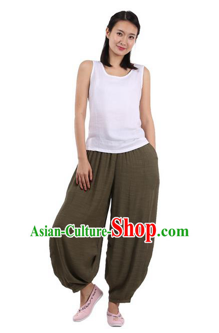 Top Chinese Traditional Linen Kong Fu Loose Pants, Pulian Zen Clothing China Martial Art Plus Fours Bloomers Army Green Trousers for Women