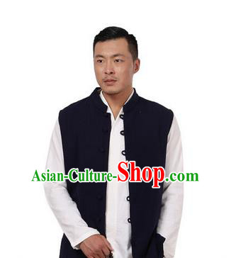 Traditional Chinese Kung Fu Costume Martial Arts Linen Plated Buttons Waistcoat Pulian Meditation Clothing, China Tang Suit Vest Tai Chi Navy Weskit for Men