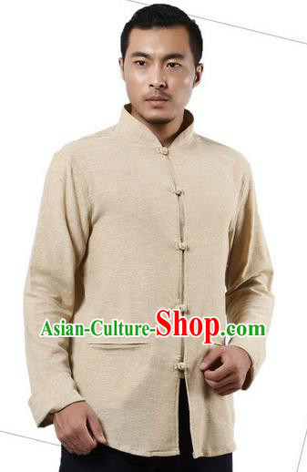 Traditional Chinese Kung Fu Costume Martial Arts Linen Shirts Pulian Meditation Clothing, China Tang Suit Upper Outer Garment Beige Overshirt for Men