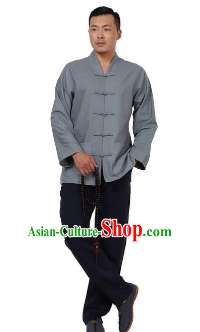 Traditional Chinese Kung Fu Costume Pulian Meditation Clothing Martial Arts Linen Plated Buttons Shirts, China Tang Suit Upper Outer Garment Grey Overcoat for Men