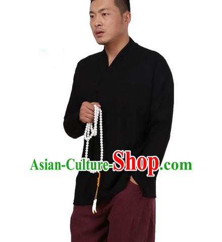 Traditional Chinese Kung Fu Costume Pulian Meditation Clothing Martial Arts Linen Slant Opening Shirts, China Tang Suit Upper Outer Garment Black Overshirt for Men