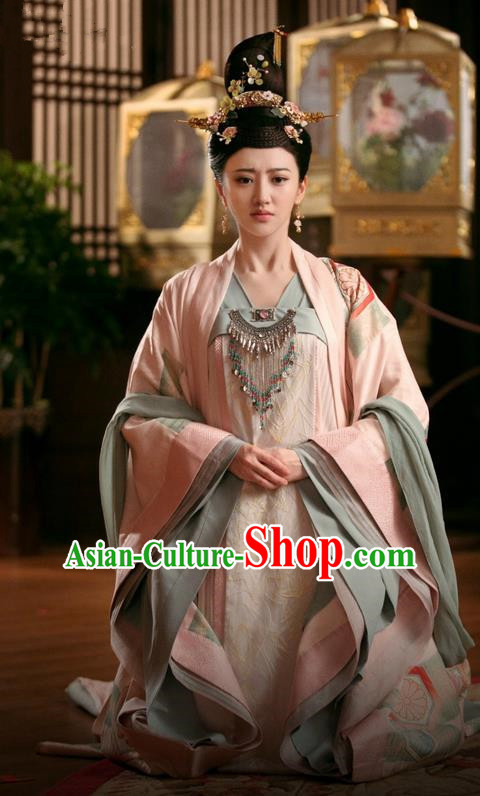 Traditional Chinese Ancient Imperial Princess Costume and Headpiece Complete Set, Chinese The Glory of Tang Dynasty Palace Lady Senior Concubine Hanfu Clothing for Women