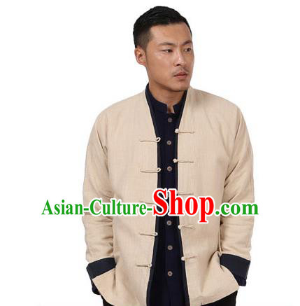 Traditional Chinese Kung Fu Costume Martial Arts Linen Beige Plated Buttons Coats Pulian Meditation Clothing, China Tang Suit Jackets Wushu Taiji Clothing for Men