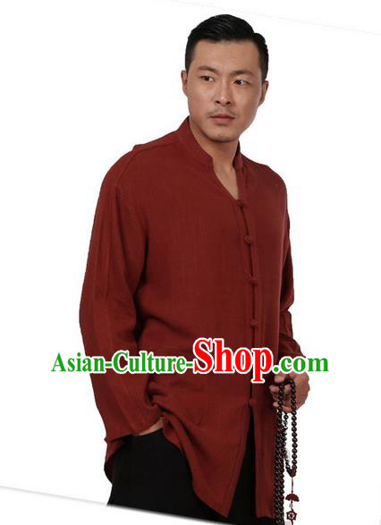 Traditional Chinese Kung Fu Costume Martial Arts Tang Suit Plated Buttons Shirts Pulian Meditation Clothing, China Tai Chi Dark Red Overshirts for Men