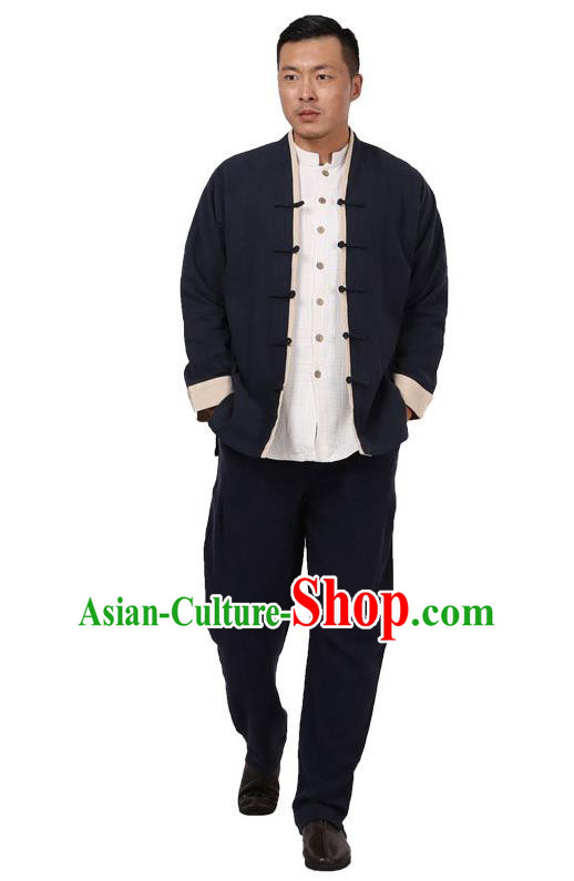 Traditional Chinese Kung Fu Costume Martial Arts Linen Black Plated Buttons Coats Pulian Meditation Clothing, China Tang Suit Jackets Wushu Taiji Clothing for Men