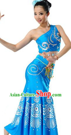 Traditional Chinese Dai Nationality Peacock Dance Costume, Folk Dance Ethnic Blue Dress, Chinese Minority Nationality Dance Clothing for Women