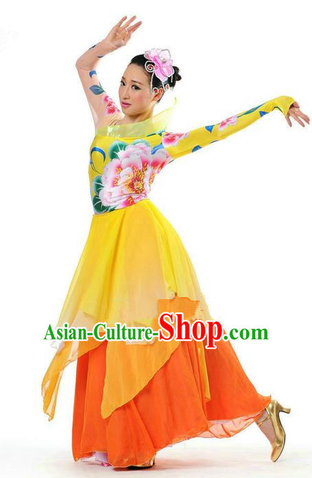 Chinese Classic Stage Performance Chorus Singing Group Dance Costumes, Opening Dance Big Swing Flowers Dress for Women
