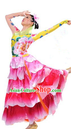 Chinese Classic Stage Performance Chorus Singing Group Dance Costumes, Opening Dance Big Swing Peony Flowers Dress for Women