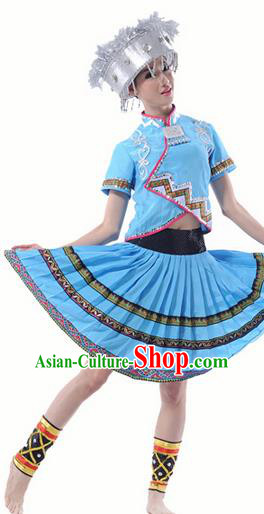 Traditional Chinese Miao Nationality Dancing Costume, Hmong Female Folk Dance Ethnic Pleated Skirt, Chinese Miao Minority Nationality Blue Dress for Women