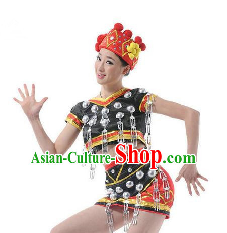 Traditional Chinese Miao Nationality Dancing Costume, Hmong Female Folk Dance Ethnic Cloth, Chinese Tujia Minority Nationality Dance Clothing for Women