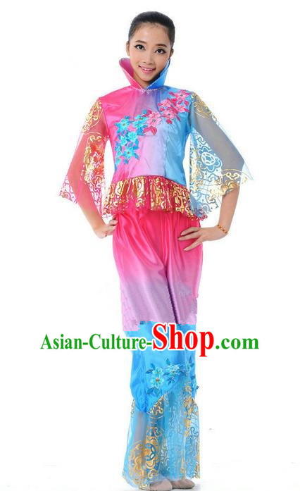 Traditional Chinese Classical Dance Yangge Fan Dancing Mandarin Sleeve Costume, Folk Dance Drum Dance Uniform Yangko Pink Clothing for Women