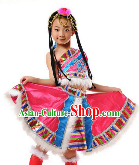 Traditional Chinese Mongol Nationality Dancing Costume, Mongols Children Folk Dance Ethnic Pleated Skirt, Chinese Mongolian Minority Nationality Dress for Girls