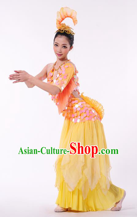 Traditional Chinese Dai Nationality Peacock Dancing Costume, Folk Dance Ethnic Paillette Dress, Chinese Dai Minority Nationality Dance Clothing for Women