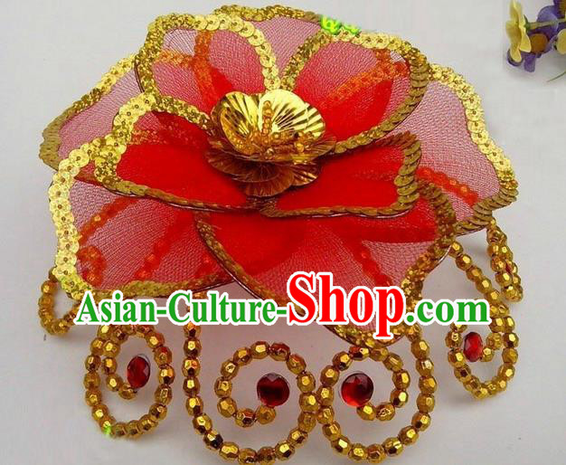 Traditional Chinese Folk Dance Headwear Yangko Hair Accessories, Chinese Classical Dance Red Flower Headpiece Hair Pin for Women