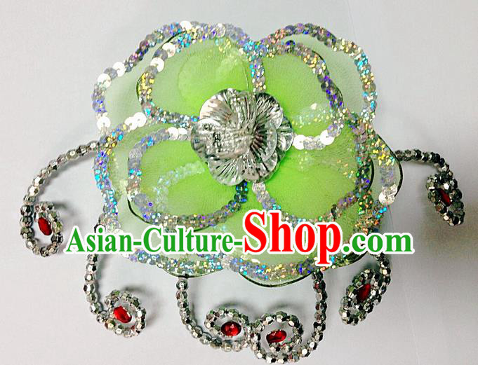 Traditional Chinese Folk Dance Headwear Yangko Hair Accessories, Chinese Classical Dance Green Flower Headpiece Hair Pin for Women
