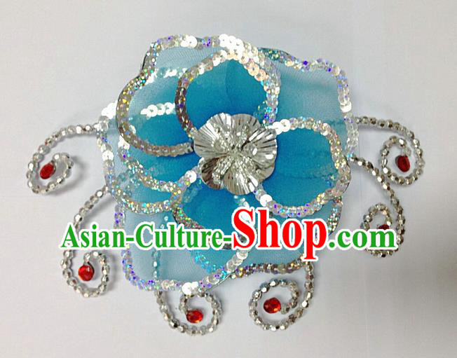 Traditional Chinese Folk Dance Headwear Yangko Hair Accessories, Chinese Classical Dance Light Blue Flower Headpiece Hair Pin for Women
