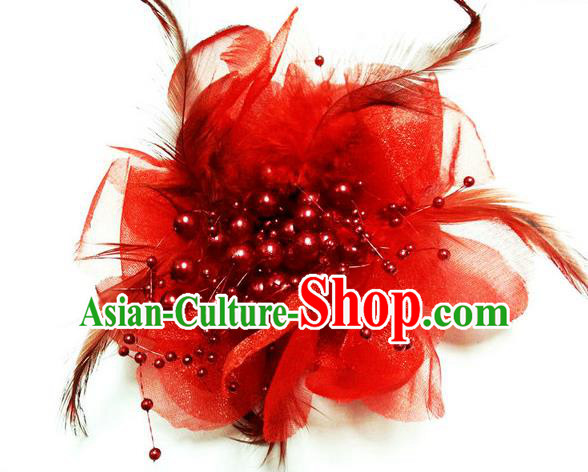 Traditional Chinese Folk Dance Headwear Yangko Hair Accessories, Chinese Classical Dance Red Feather Headpiece Hair Pin for Women