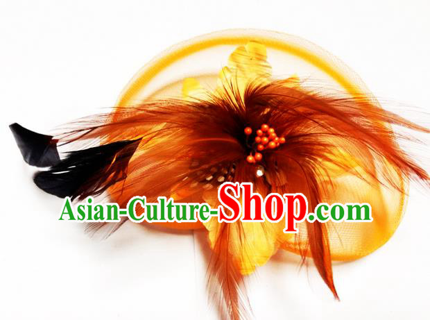 Traditional Chinese Folk Dance Headwear Yangko Hair Accessories, Chinese Classical Dance Orange Feather Veil Headpiece Hair Pin for Women