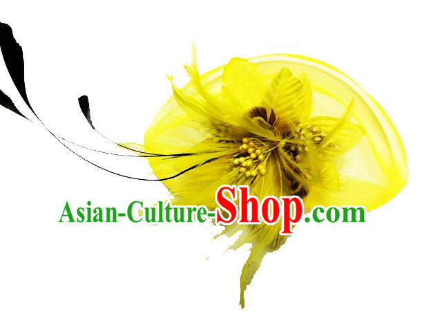 Traditional Chinese Folk Dance Headwear Yangko Hair Accessories, Chinese Classical Dance Yellow Feather Veil Headpiece Hair Pin for Women
