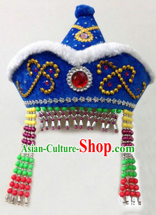 Traditional Chinese Mongol Nationality Dance Headwear, Chinese Mongolian Minority Nationality Folk Dancing Blue Hat for Kids