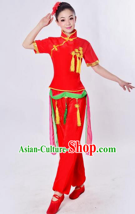 Traditional Chinese Yangge Fan Dancing Costume, Folk Dance Yangko Costume Drum Dance Red Clothing for Women